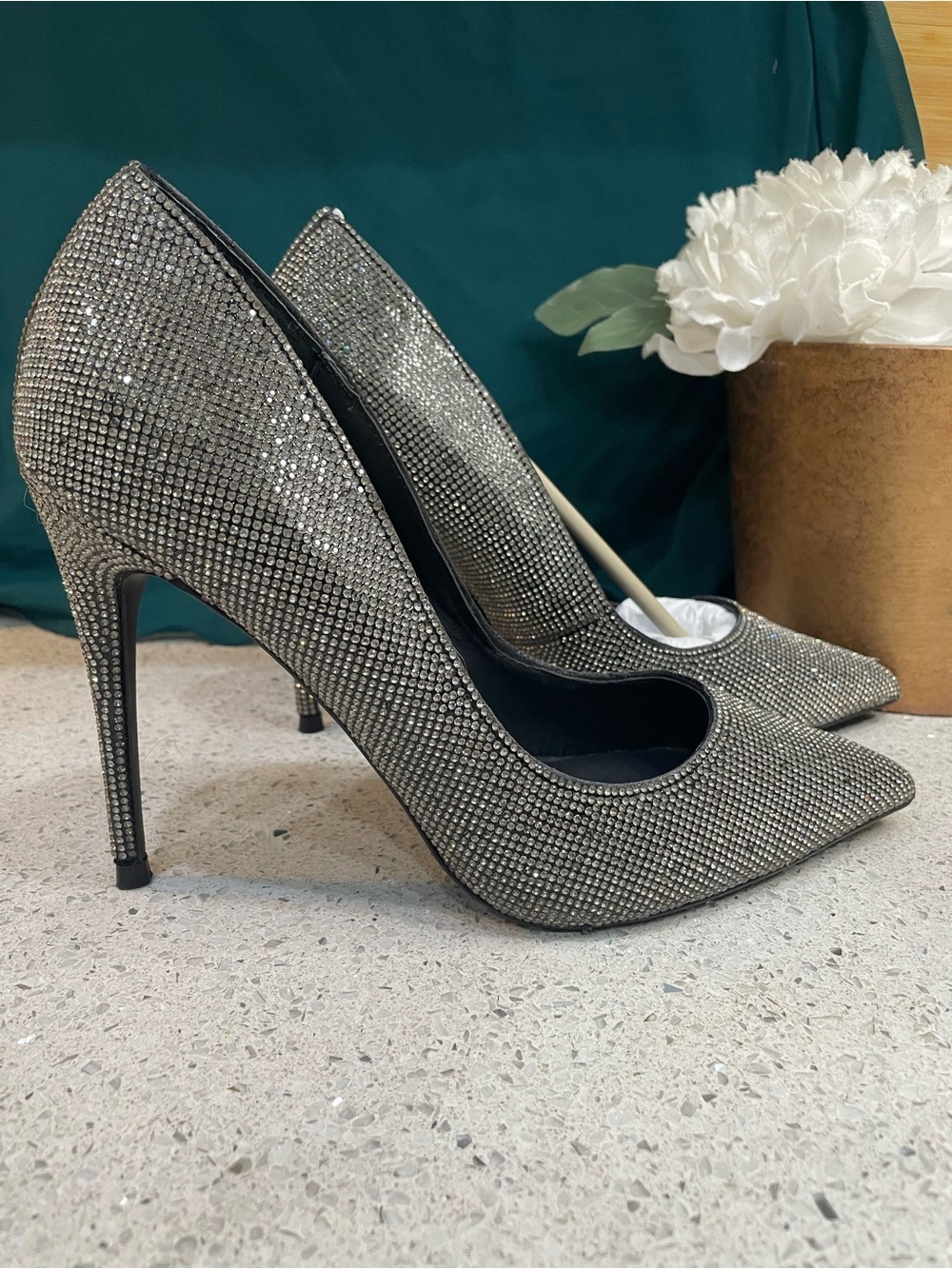 Steve Madden Rhinestone Pointed Toe Pumps - Silver/Black Sparkle